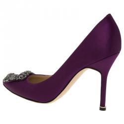 Pre Owned Manolo Blahnik Purple Satin Hangisi Embellished Pumps Size 36