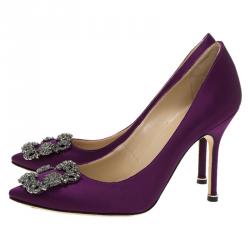 Pre Owned Manolo Blahnik Purple Satin Hangisi Embellished Pumps Size 36