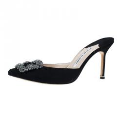 Manolo Blahnik Black Satin Hangisi Mules Size 37.5