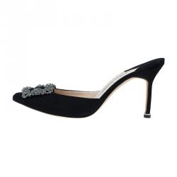 Manolo Blahnik Black Satin Hangisi Mules Size 37.5