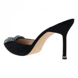 Manolo Blahnik Black Satin Hangisi Mules Size 37.5
