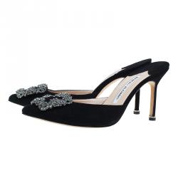 Manolo Blahnik Black Satin Hangisi Mules Size 37.5