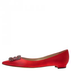 Pre Owned Manolo Blahnik Red Satin Hangisi Ballet Flats Size 40.5
