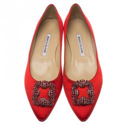 Pre Owned Manolo Blahnik Red Satin Hangisi Ballet Flats Size 40.5