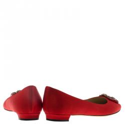 Pre Owned Manolo Blahnik Red Satin Hangisi Ballet Flats Size 40.5