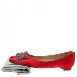 Pre Owned Manolo Blahnik Red Satin Hangisi Ballet Flats Size 40.5
