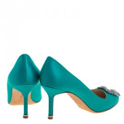 Pre Owned Manolo Blahnik Turquoise Embellished Satin Hangisi Pumps Size 37.5