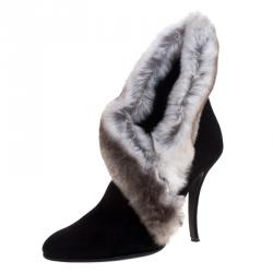 Manolo Blahnik Black Suede Fur Trimmed Nesta Ankle Boots Size 37