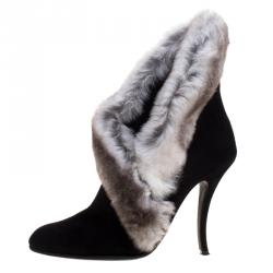 Manolo Blahnik Black Suede Fur Trimmed Nesta Ankle Boots Size 37