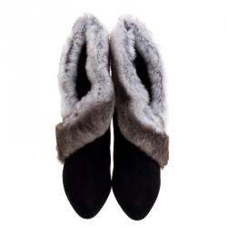 Manolo Blahnik Black Suede Fur Trimmed Nesta Ankle Boots Size 37