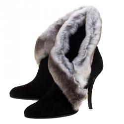 Manolo Blahnik Black Suede Fur Trimmed Nesta Ankle Boots Size 37