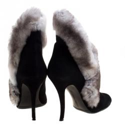 Manolo Blahnik Black Suede Fur Trimmed Nesta Ankle Boots Size 37