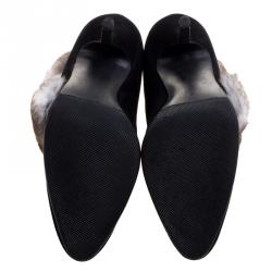 Manolo Blahnik Black Suede Fur Trimmed Nesta Ankle Boots Size 37