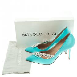 Manolo Blahnik Sky Blue Crystal Embellished Satin Nadira Pointed Toe Pumps Size 36