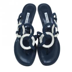 Manolo Blahnik Blue Leather Wedge Slides Size 40