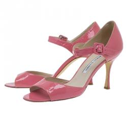 مملوكة مسبقًا Manolo Blahnik Pink Patent Open Toe Mary Jane Pumps Size 39.5