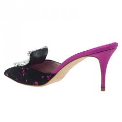 Manolo Blahnik Pink Satin and Lace Borli Crystal Embellished Mules Size 37