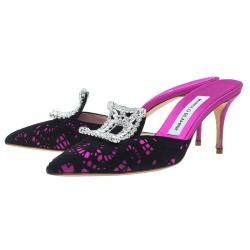 Manolo Blahnik Pink Satin and Lace Borli Crystal Embellished Mules Size 37