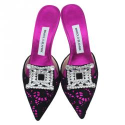Manolo Blahnik Pink Satin and Lace Borli Crystal Embellished Mules Size 37