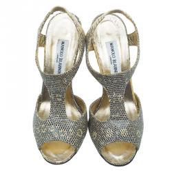 Pre Owned Manolo Blahnik Two Tone Python Embossed Leather T-Strap Sandals Size 36.5