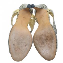 Pre Owned Manolo Blahnik Two Tone Python Embossed Leather T-Strap Sandals Size 36.5