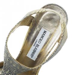 Pre Owned Manolo Blahnik Two Tone Python Embossed Leather T-Strap Sandals Size 36.5