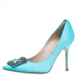 Pre Owned حذاء كعب عالي مانولو بلانيك هانغيسي ستان أزرق فاتح مزخرف مقاس 37