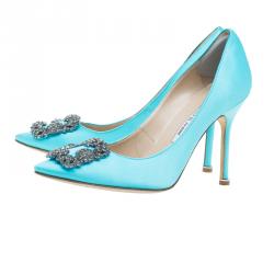 Pre Owned حذاء كعب عالي مانولو بلانيك هانغيسي ستان أزرق فاتح مزخرف مقاس 37