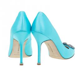 Pre Owned حذاء كعب عالي مانولو بلانيك هانغيسي ستان أزرق فاتح مزخرف مقاس 37