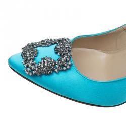 Pre Owned حذاء كعب عالي مانولو بلانيك هانغيسي ستان أزرق فاتح مزخرف مقاس 37