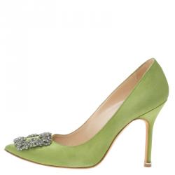 Pre Owned Manolo Blahnik Green Satin Hangisi Embellished Pumps Size 37