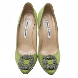 Pre Owned Manolo Blahnik Green Satin Hangisi Embellished Pumps Size 37