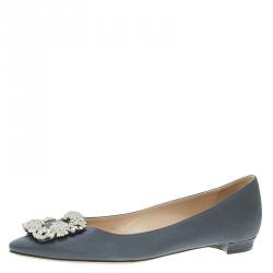 Pre Owned Manolo Blahnik Grey Satin Hangisi Ballet Flats Size 37