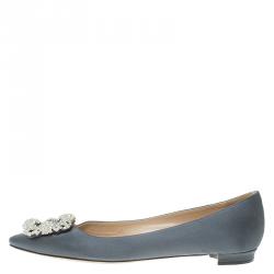Pre Owned Manolo Blahnik Grey Satin Hangisi Ballet Flats Size 37