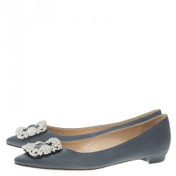 Pre Owned Manolo Blahnik Grey Satin Hangisi Ballet Flats Size 37