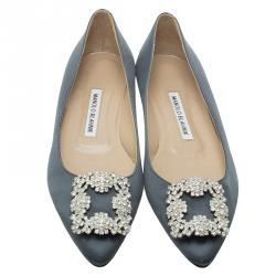 Pre Owned Manolo Blahnik Grey Satin Hangisi Ballet Flats Size 37