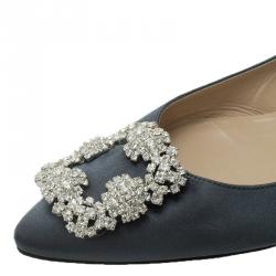 Pre Owned Manolo Blahnik Grey Satin Hangisi Ballet Flats Size 37