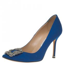 Pre Owned Manolo Blahnik Blue Embellished Satin Hangisi Pumps Size 37