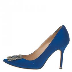 Pre Owned Manolo Blahnik Blue Embellished Satin Hangisi Pumps Size 37