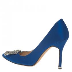 Pre Owned Manolo Blahnik Blue Embellished Satin Hangisi Pumps Size 37