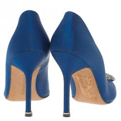 Pre Owned Manolo Blahnik Blue Embellished Satin Hangisi Pumps Size 37