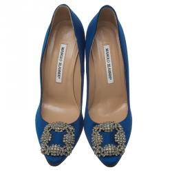 Pre Owned Manolo Blahnik Blue Embellished Satin Hangisi Pumps Size 37
