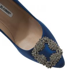 Pre Owned Manolo Blahnik Blue Embellished Satin Hangisi Pumps Size 37