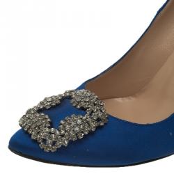 Pre Owned Manolo Blahnik Blue Embellished Satin Hangisi Pumps Size 37