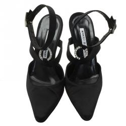 Manolo Blahnik Black Satin Embellished Pointed Cage Sandals Size 38