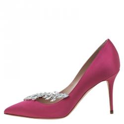 مملوكة مسبقًا Manolo Blahnik Pink Satin Nadira Embellished Pumps Size 38