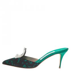 Manolo Blahnik Green Satin and Lace Borli Crystal Embellished Mules Size 38.5