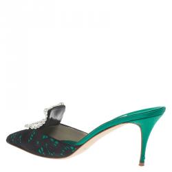 Manolo Blahnik Green Satin and Lace Borli Crystal Embellished Mules Size 38.5