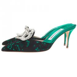 Manolo Blahnik Green Satin and Lace Borli Crystal Embellished Mules Size 38.5