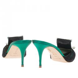 Manolo Blahnik Green Satin and Lace Borli Crystal Embellished Mules Size 38.5